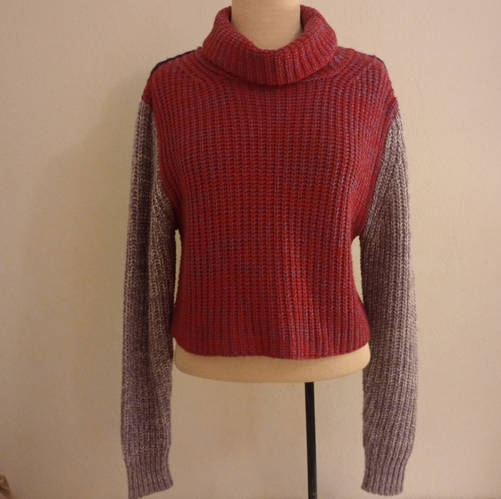 Vibrant Red Turtleneck Sweater with Chunky Knit and Two Tone Sleeves